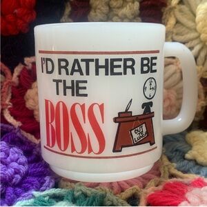 Vintage Glasbake Mug Milk Glass “I’d Rather Be The Boss” MCM EUC